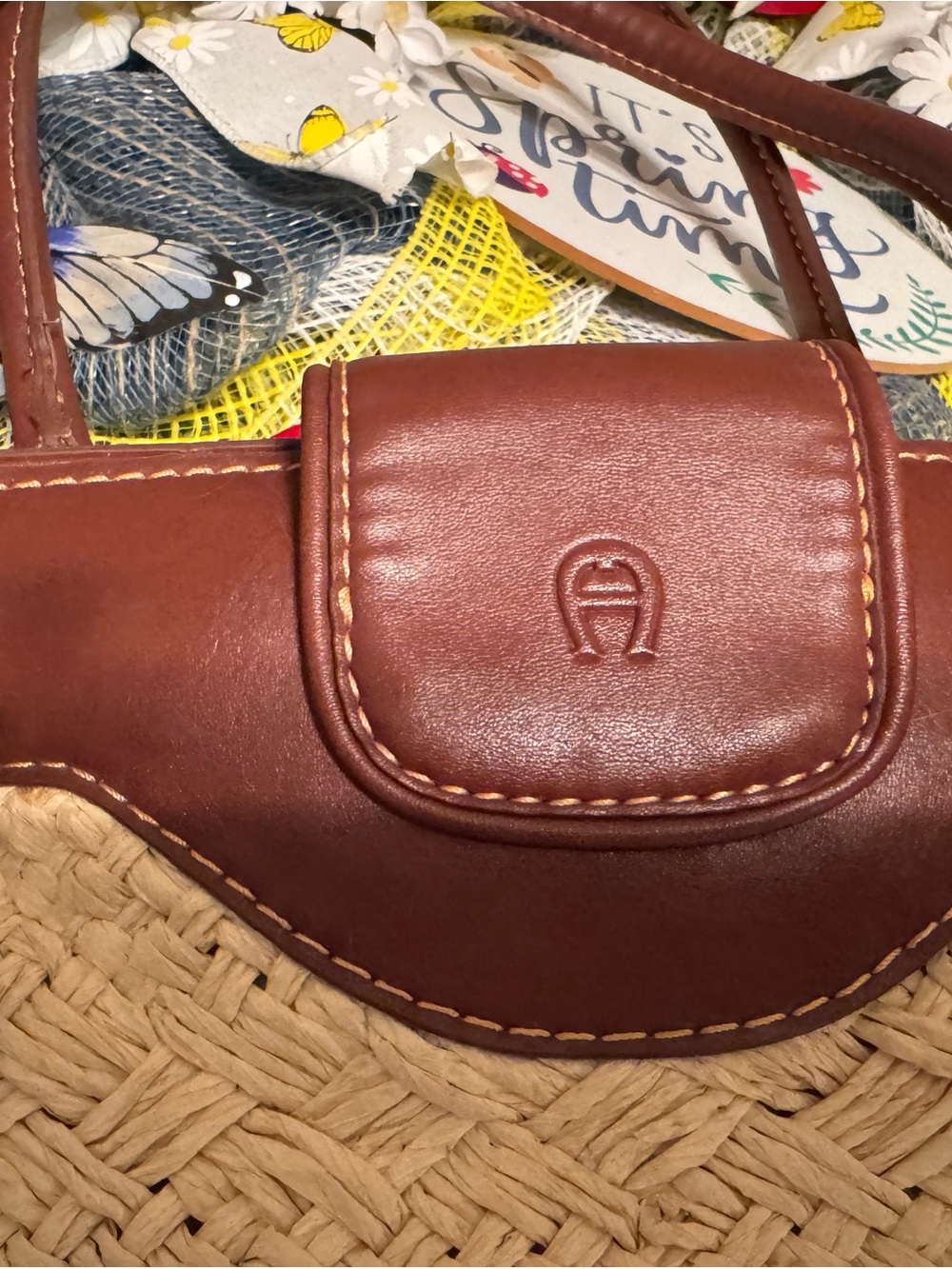 Etienne Aigner Natural Woven Wicker Tote with Brown Leather Trim - Picture 3 of 12